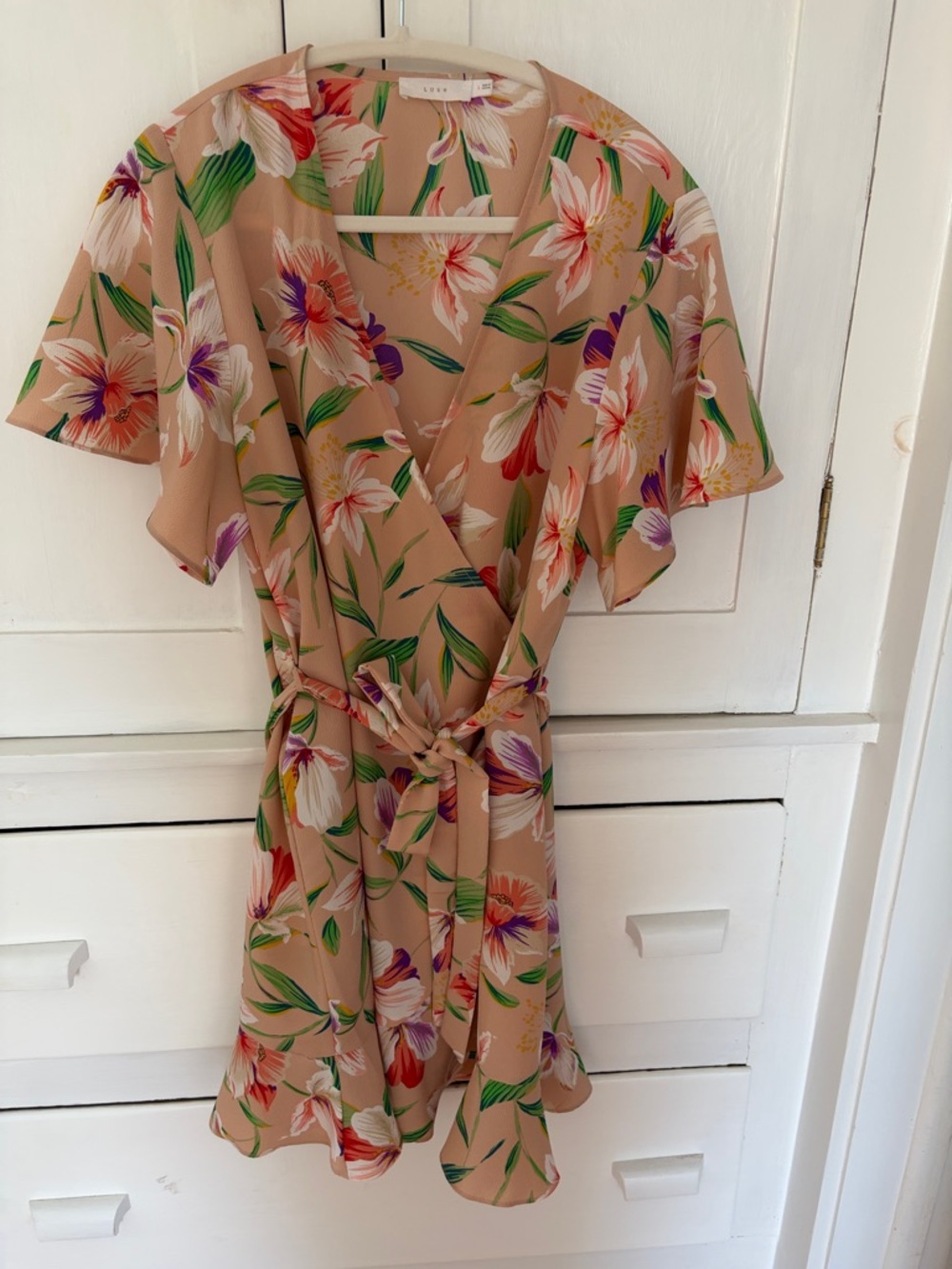 Lush Beige Floral Wrap Dress with Green, Red, Purple Accents